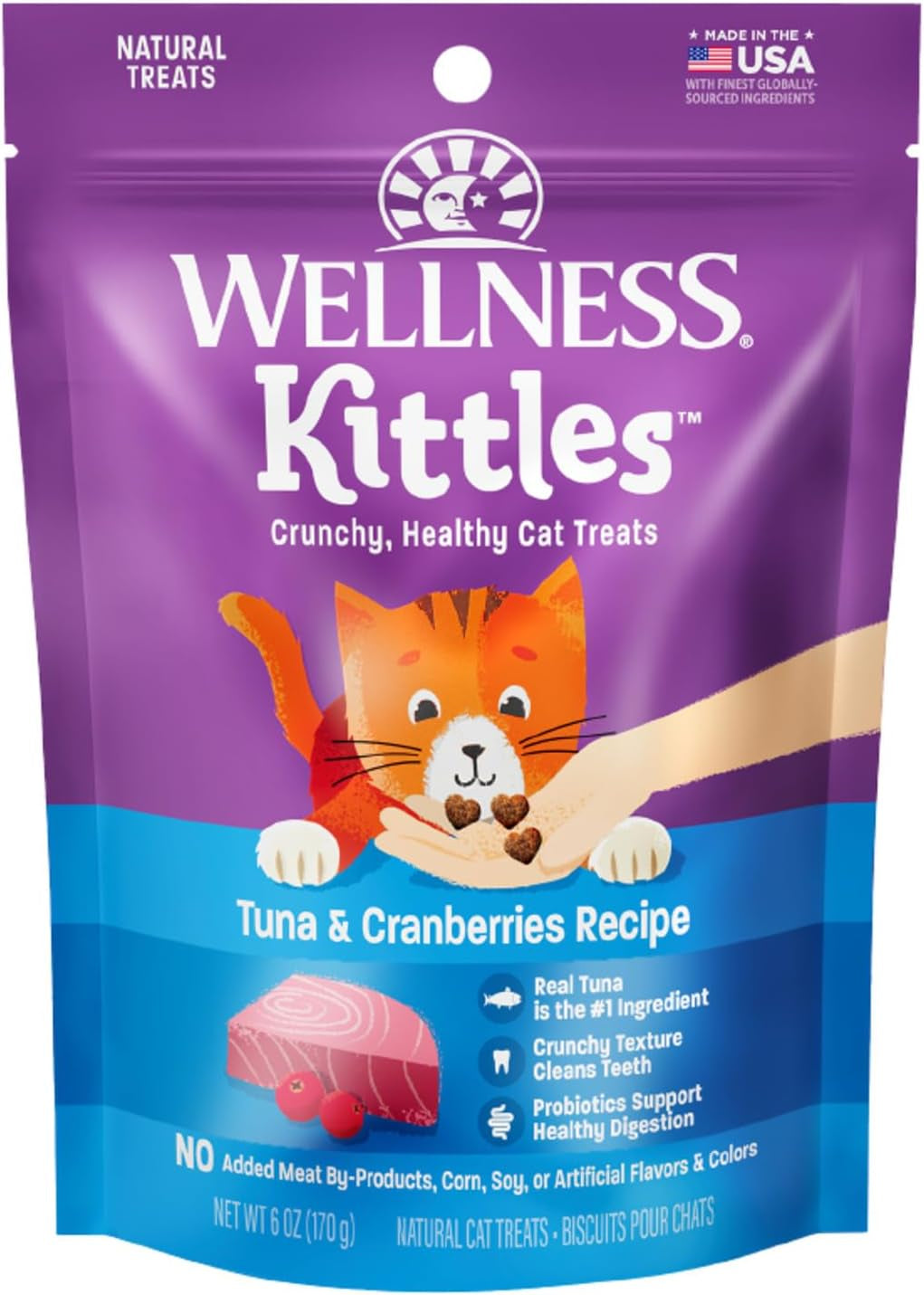 Kittles Crunchy Cat Treats - Natural, Grain-Free Tuna and Cranberry Flavor for All Life Stages, 6 oz Bag